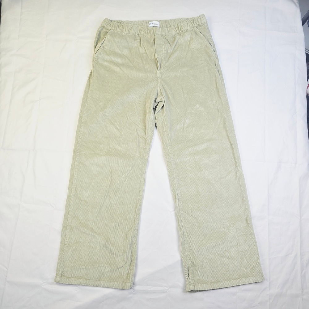 Zara Women's Size 10 Green Corduroy Wide Leg Elastic Waist Pants H23